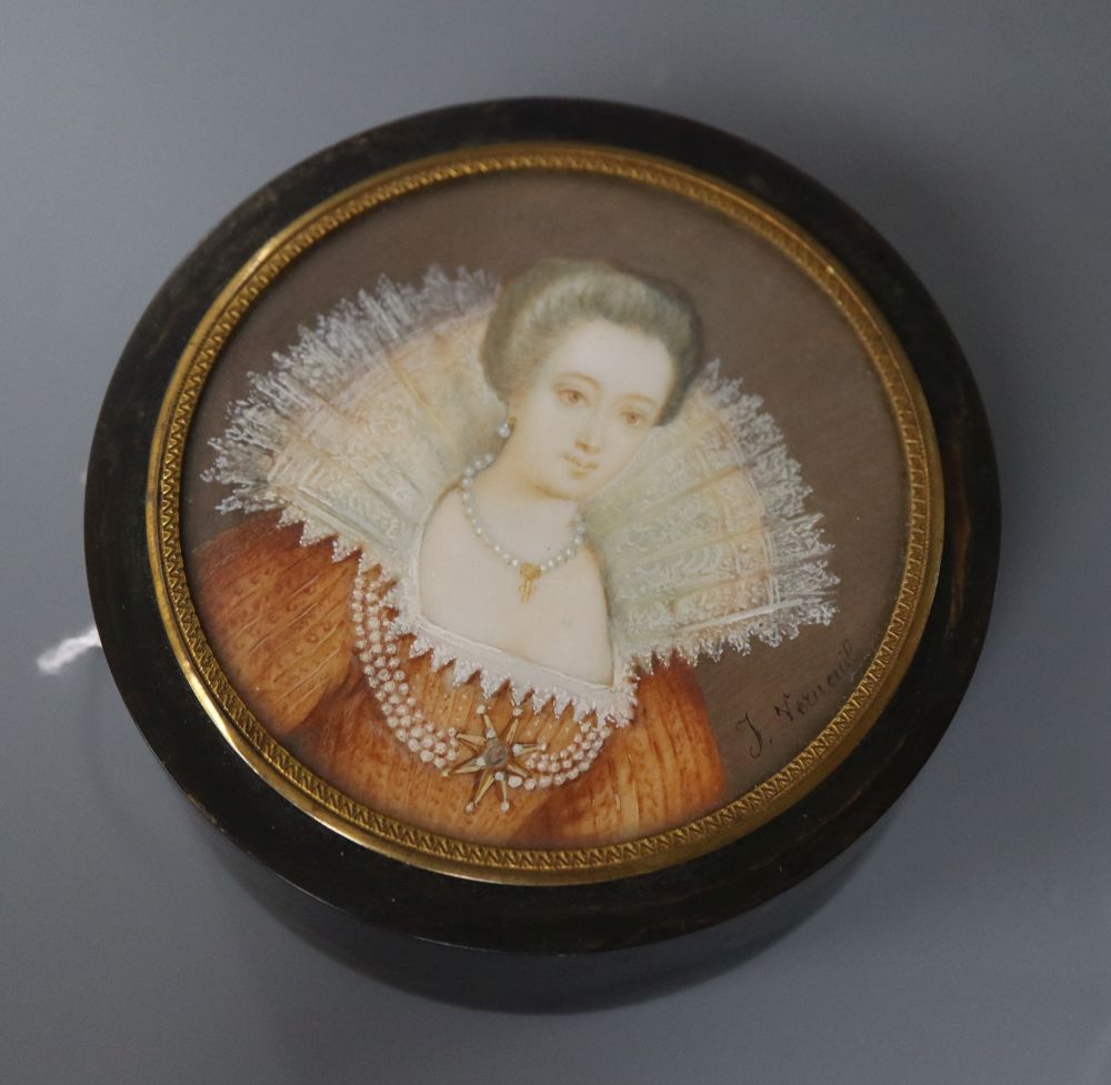 A circular tortoiseshell snuff box and cover, lid inset with a painted portrait of an Elizabethan lady